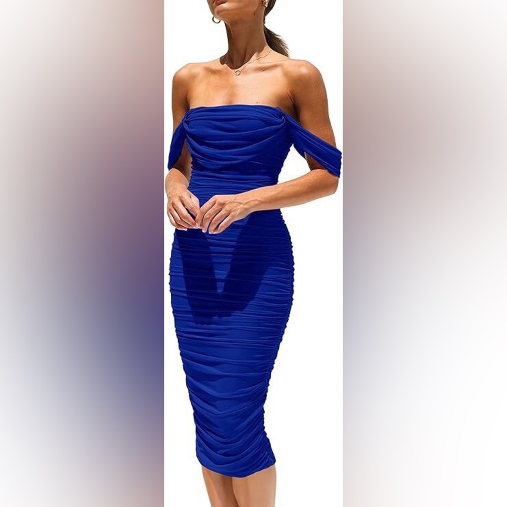 PRETTYGARDEN Womens Off The Shoulder Ruched Bodycon Sleeveless Party Midi Dress - Picture 1 of 10